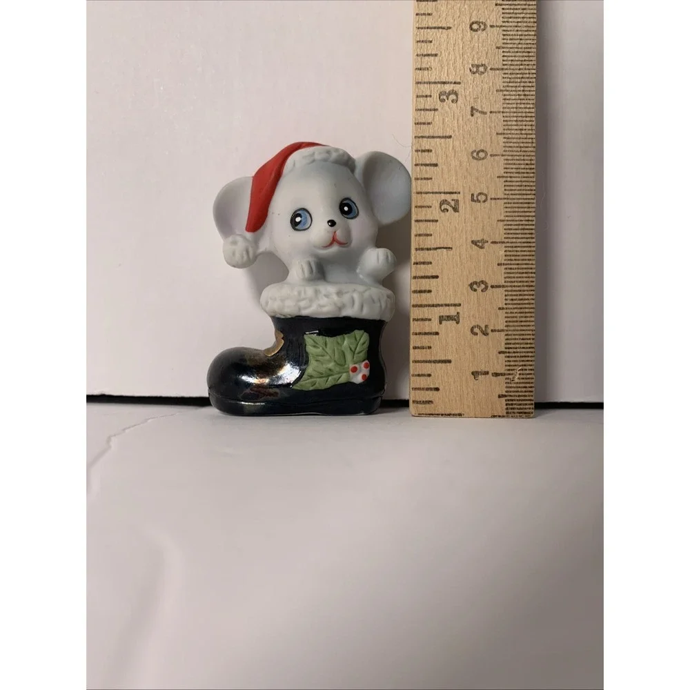 Vintage Homco Mouse Christmas Boot Santa Hat Holly Figurine 8903 Holiday Decor